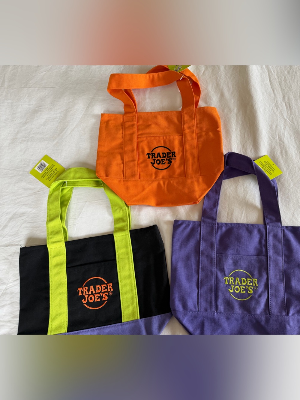 Trader Joe's Halloween Mini Canvas Tote Bag lot of 3 orange purple Multi